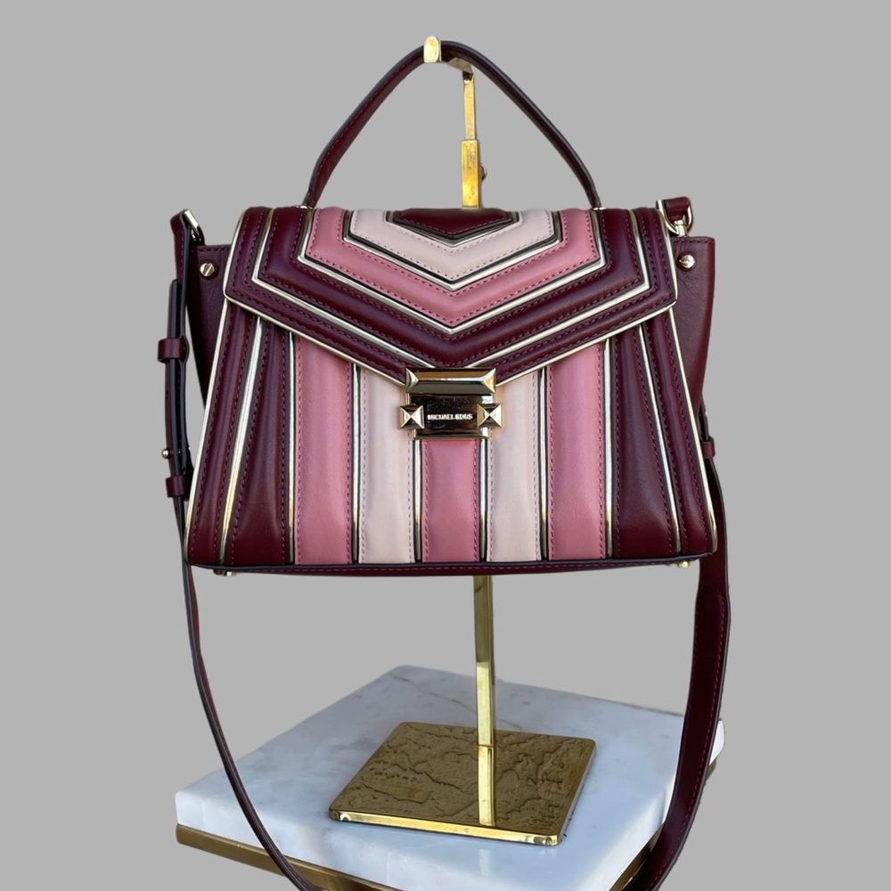 MICHAEL KORS Maroon Quilted Leather Puffy Colorblock Striped Whitney Satchel Bag